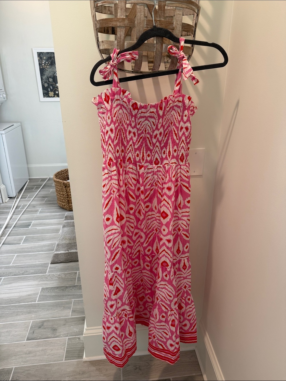 Pink Patterned Tie-Shoulder Maxi Dress